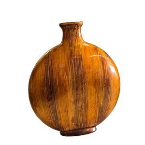 Rustic Round Metallic Vase Glossy Amber & Brown Textured Look Finish